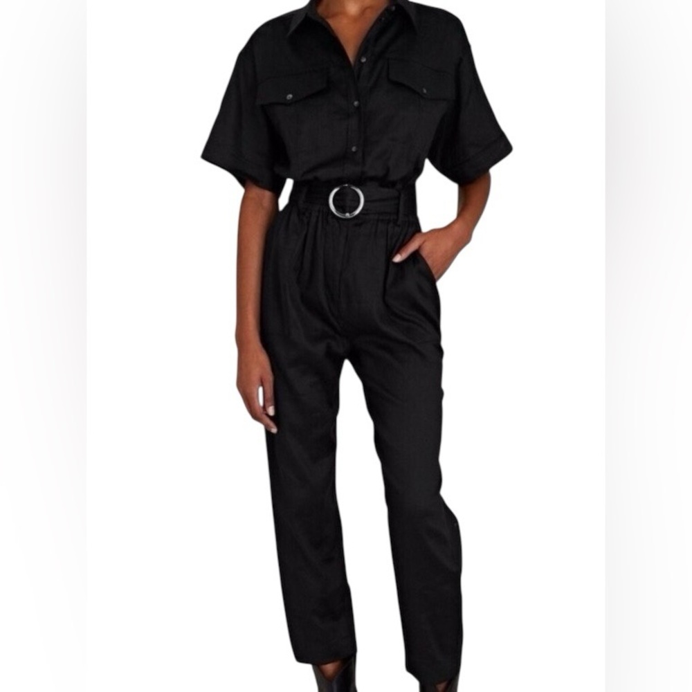 FRAME Arie Linen Blend Short Sleeve Button-Up Collared Belted Jumpsuit, Size S